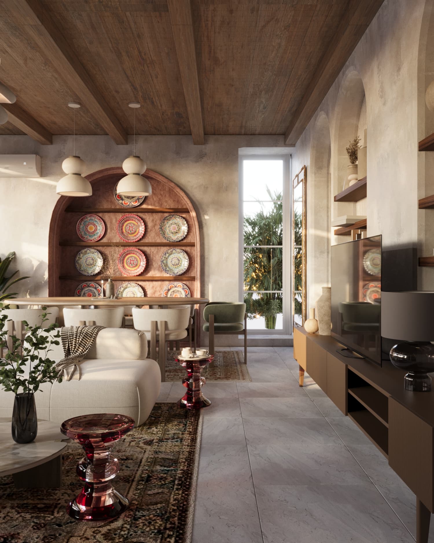 Mediterranean Home — living and dining with arched plate display niche