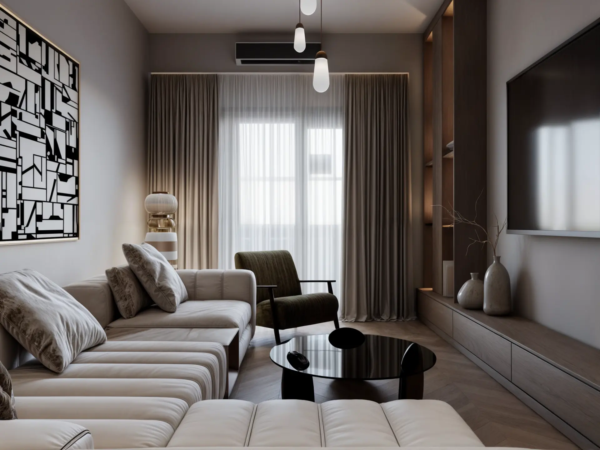 New Giza Villa — living room with oversized abstract art, sheer curtains and layered seating
