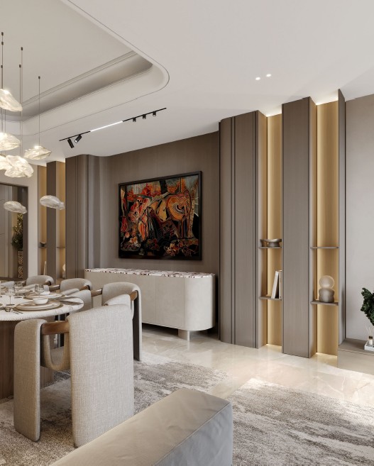 Moon Valley Apartment — dining area with feature artwork and backlit joinery