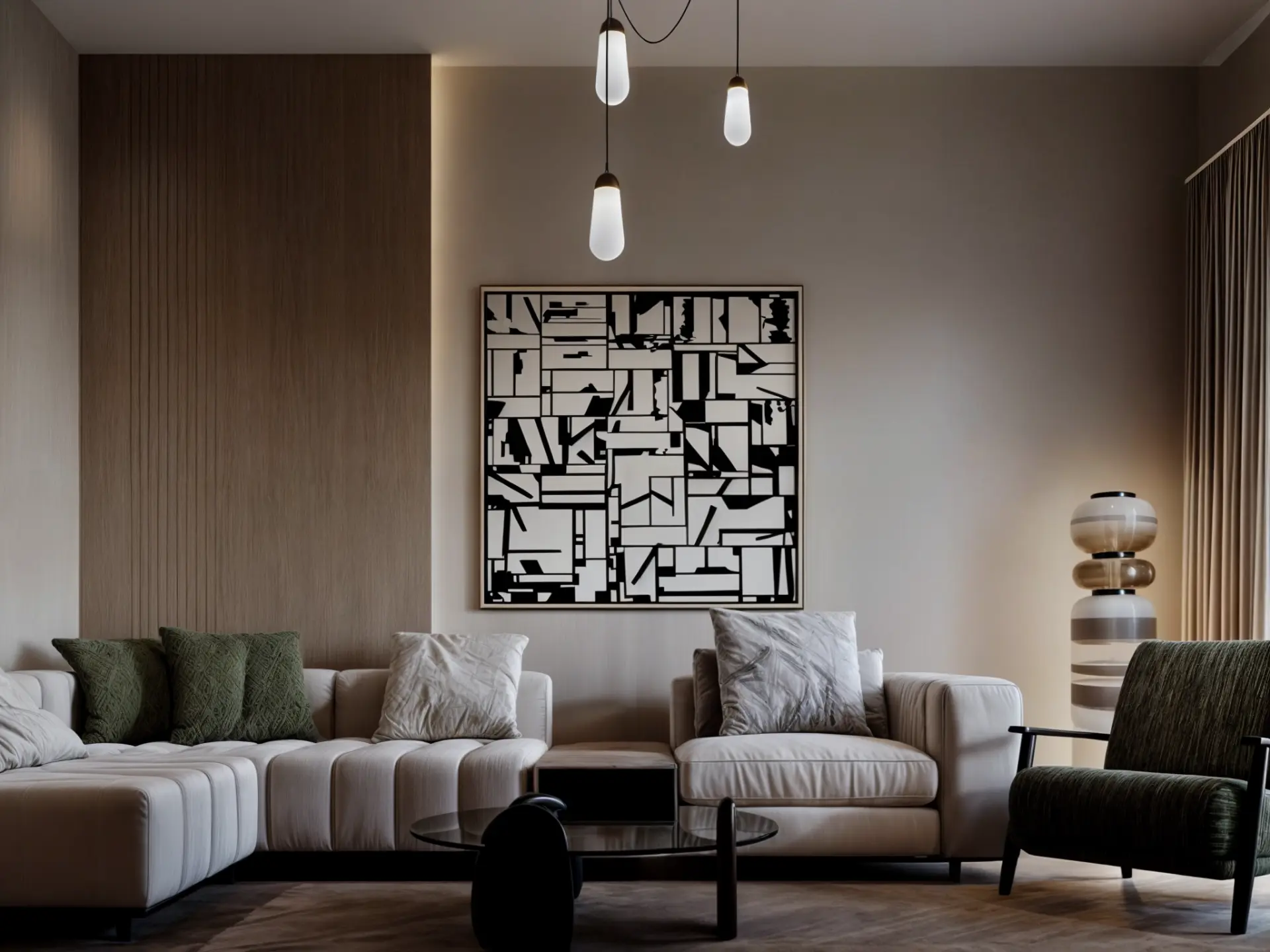 New Giza Villa — formal living room with abstract artwork, pendant lights and velvet seating