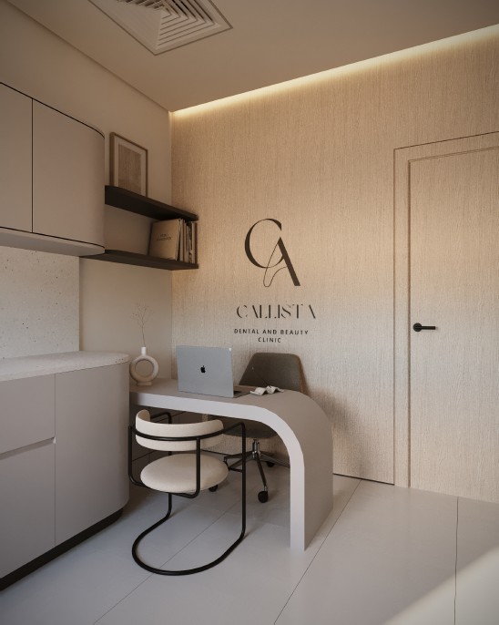 Callista Clinic — consultation desk with curved worktop and timber wall