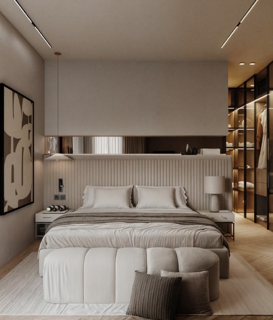 Contemporary Apartment — bedroom with fluted headboard wall and walk-in wardrobe