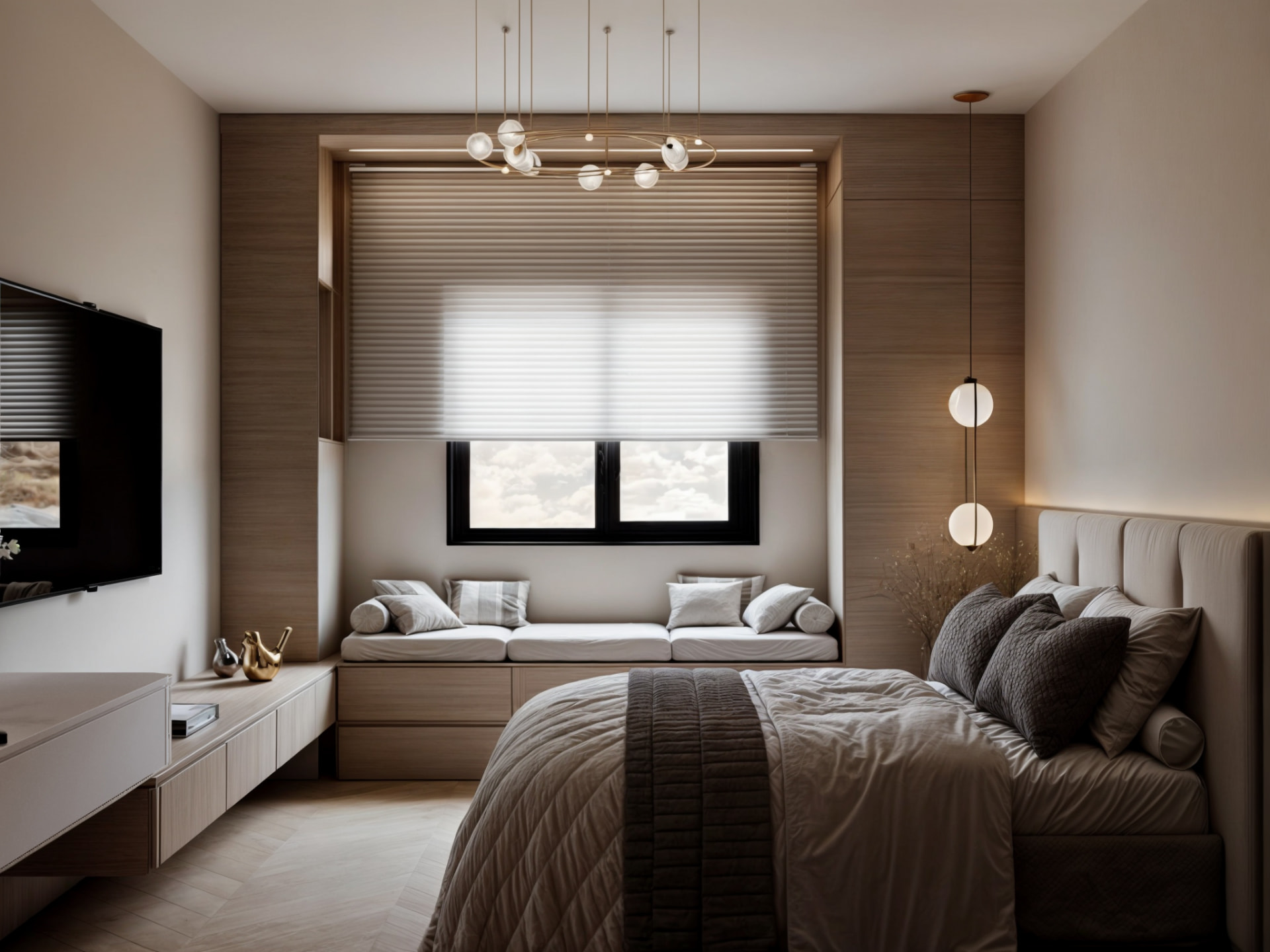 New Giza Villa — bedroom with built-in window seat, timber panelling and pendant lighting