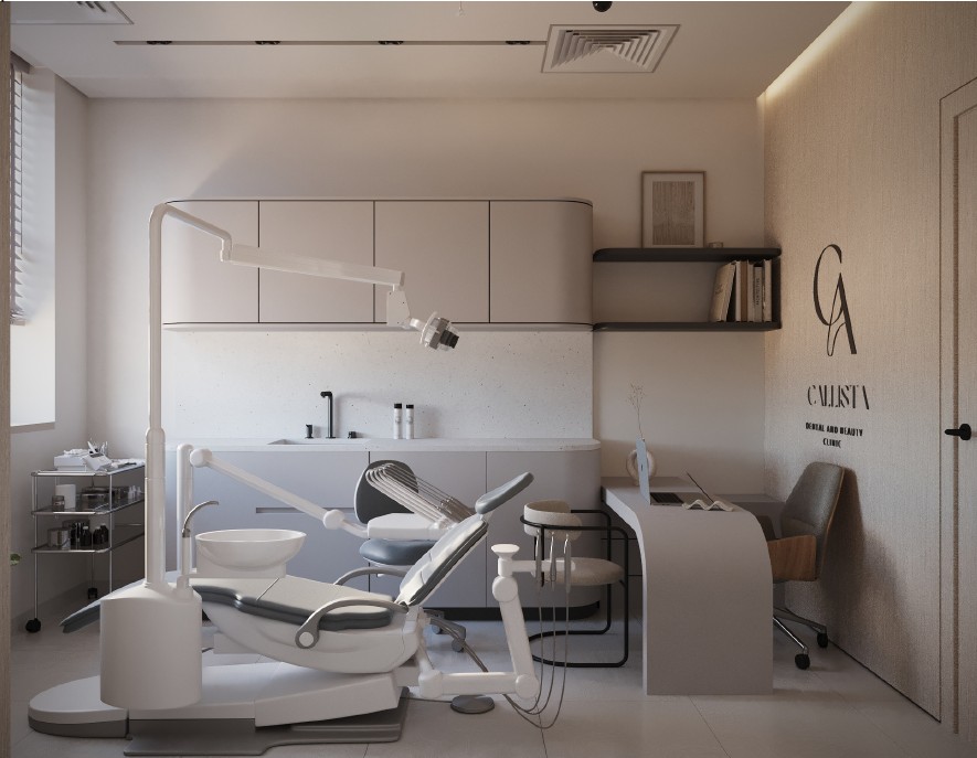 Callista Clinic — second treatment room with built-in cabinetry and branded wall