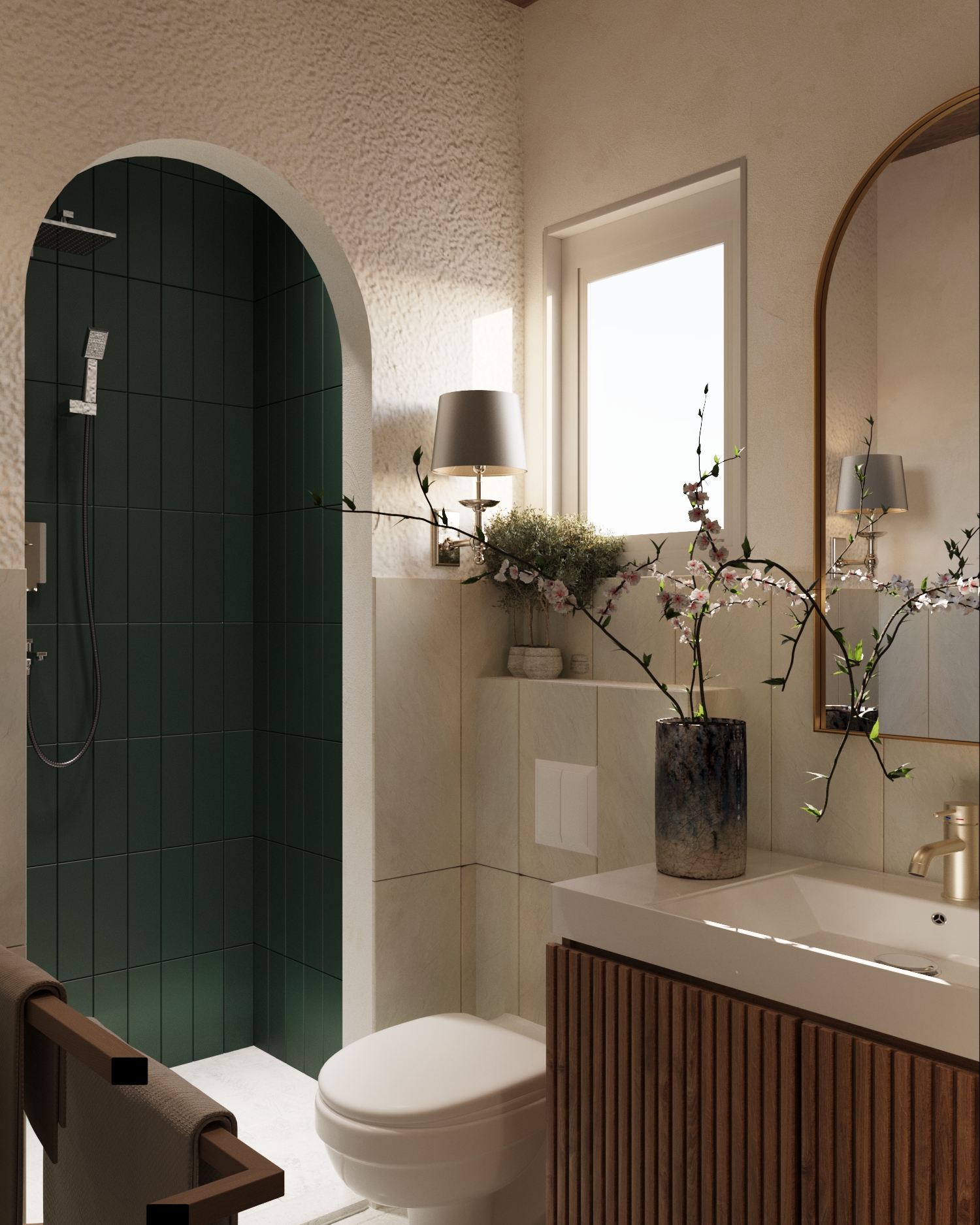 Mediterranean Home — bathroom with arched green-tiled shower