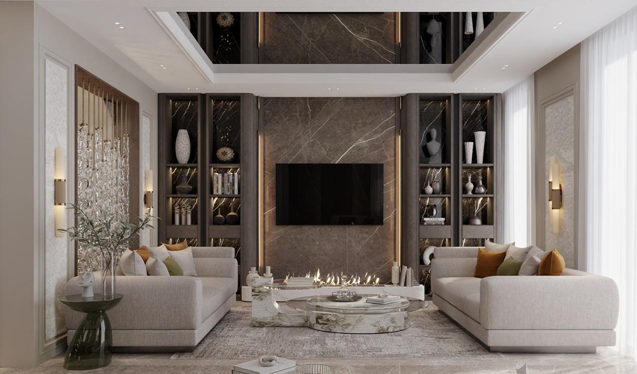 Neo-Classical Villa — media wall with dark marble, fluted panelling and symmetrical display shelving