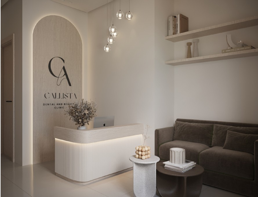 Callista Clinic — reception desk with fluted front and arched timber feature wall