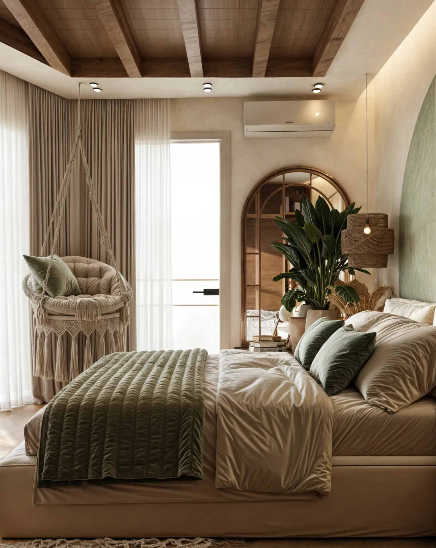Mediterranean Home — bedroom with hanging chair and arched mirror