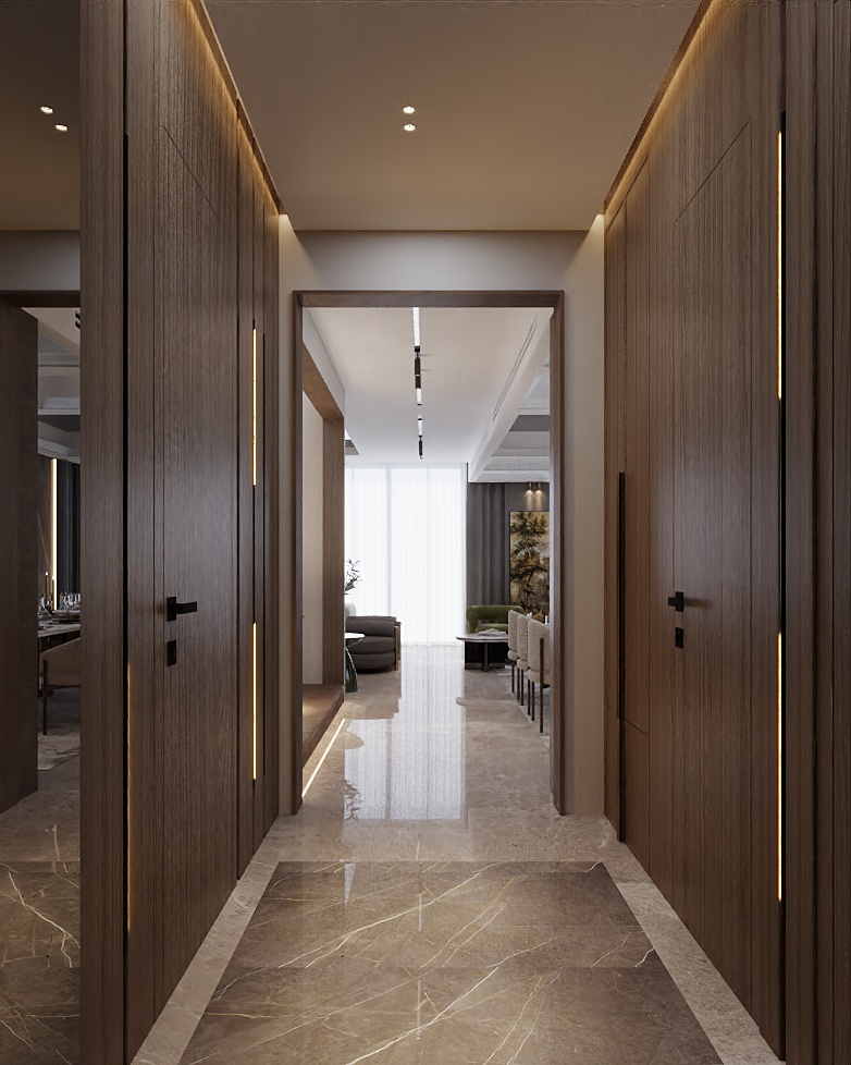 Neo-Classical Villa — timber-clad corridor framing the living space beyond