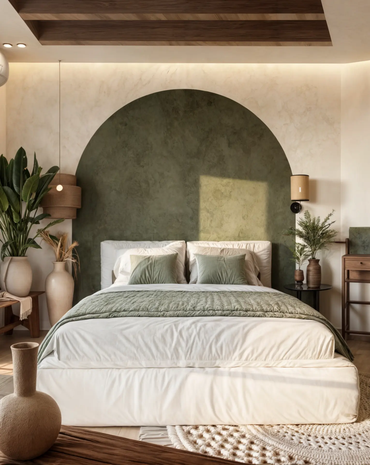 Mediterranean Home — bedroom with green arched feature wall
