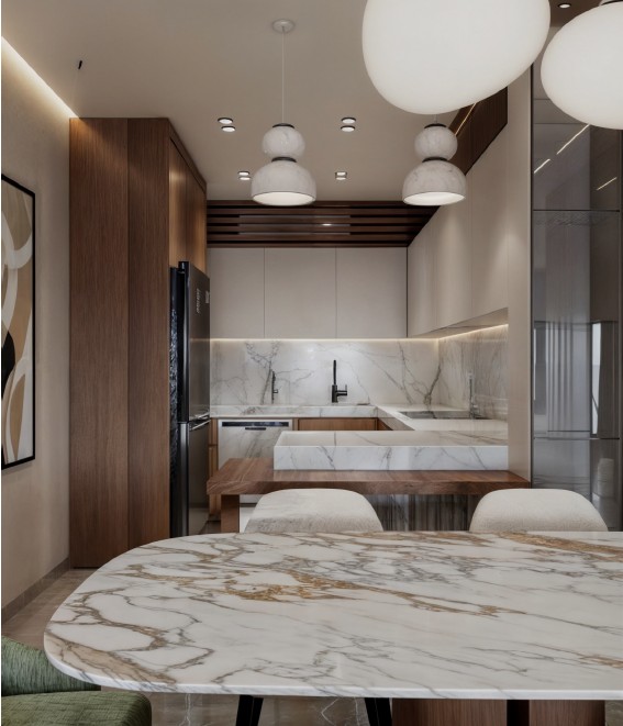 Contemporary Apartment — kitchen and dining with marble island, pendant lights and timber accents