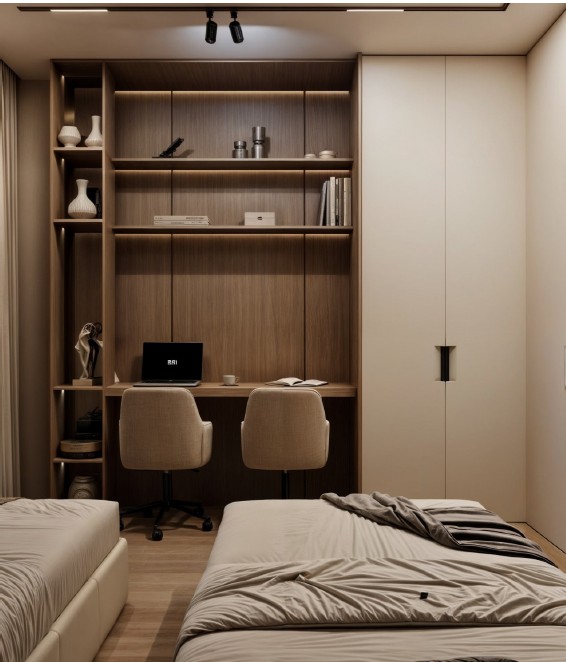 Contemporary Apartment — guest bedroom with twin beds and integrated study desk