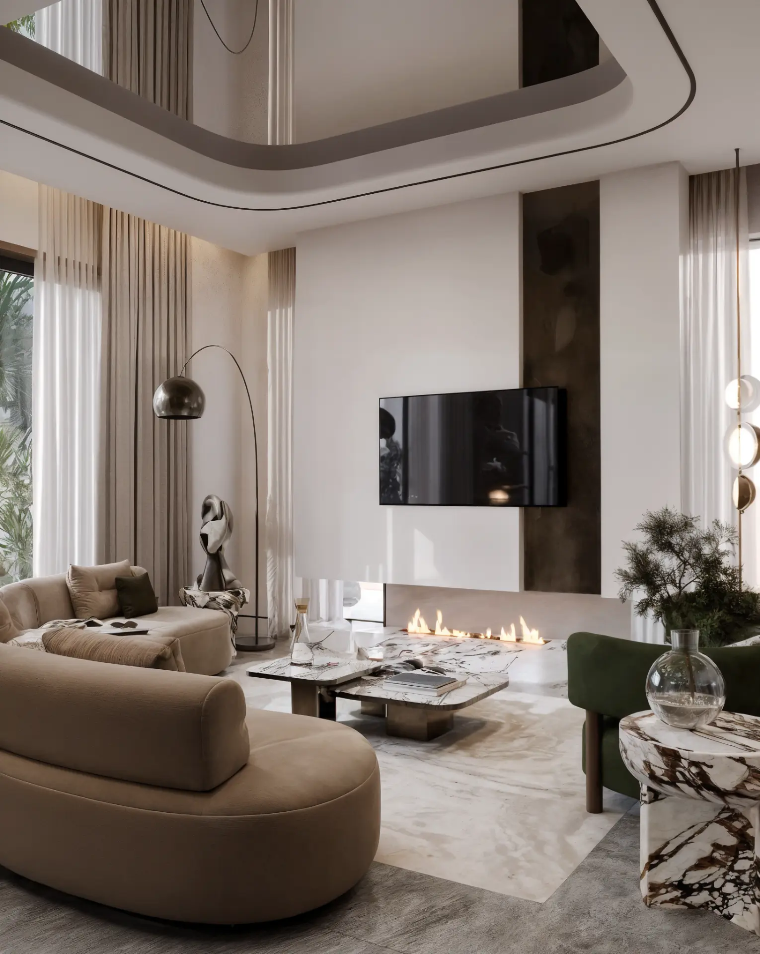 New Giza Villa — double-height living room with linear fireplace