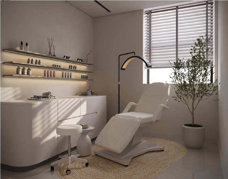 Callista Clinic — beauty treatment room with reclined chair, joinery and plants