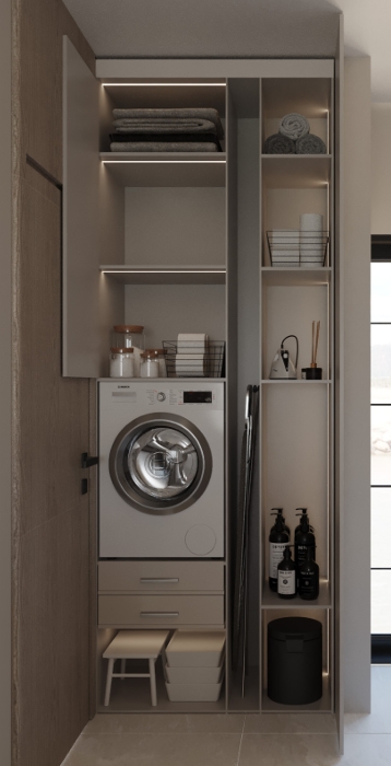 Sodic East Home — utility cupboard with washing machine, towel storage and open shelving