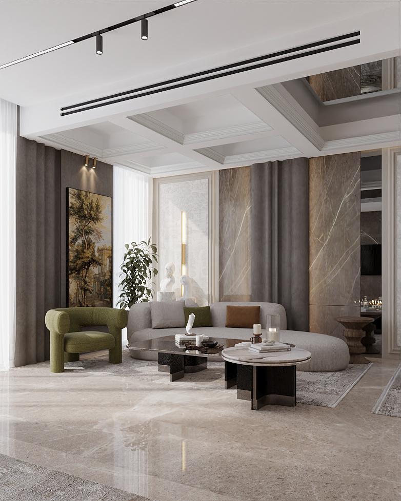 Neo-Classical Villa — formal living room with curved sofa, green armchair and coffered ceiling