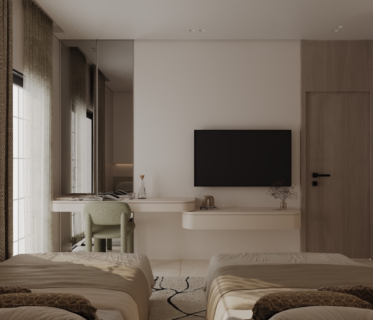 Sodic East Home — twin bedroom with floating desks, mirror wall and channelled headboard