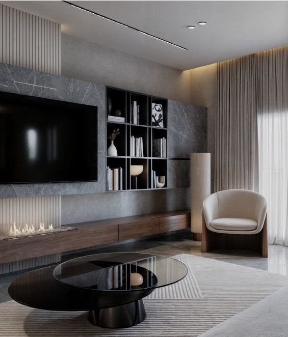 Contemporary Apartment — media wall composition with fluted stone, open joinery and fireplace