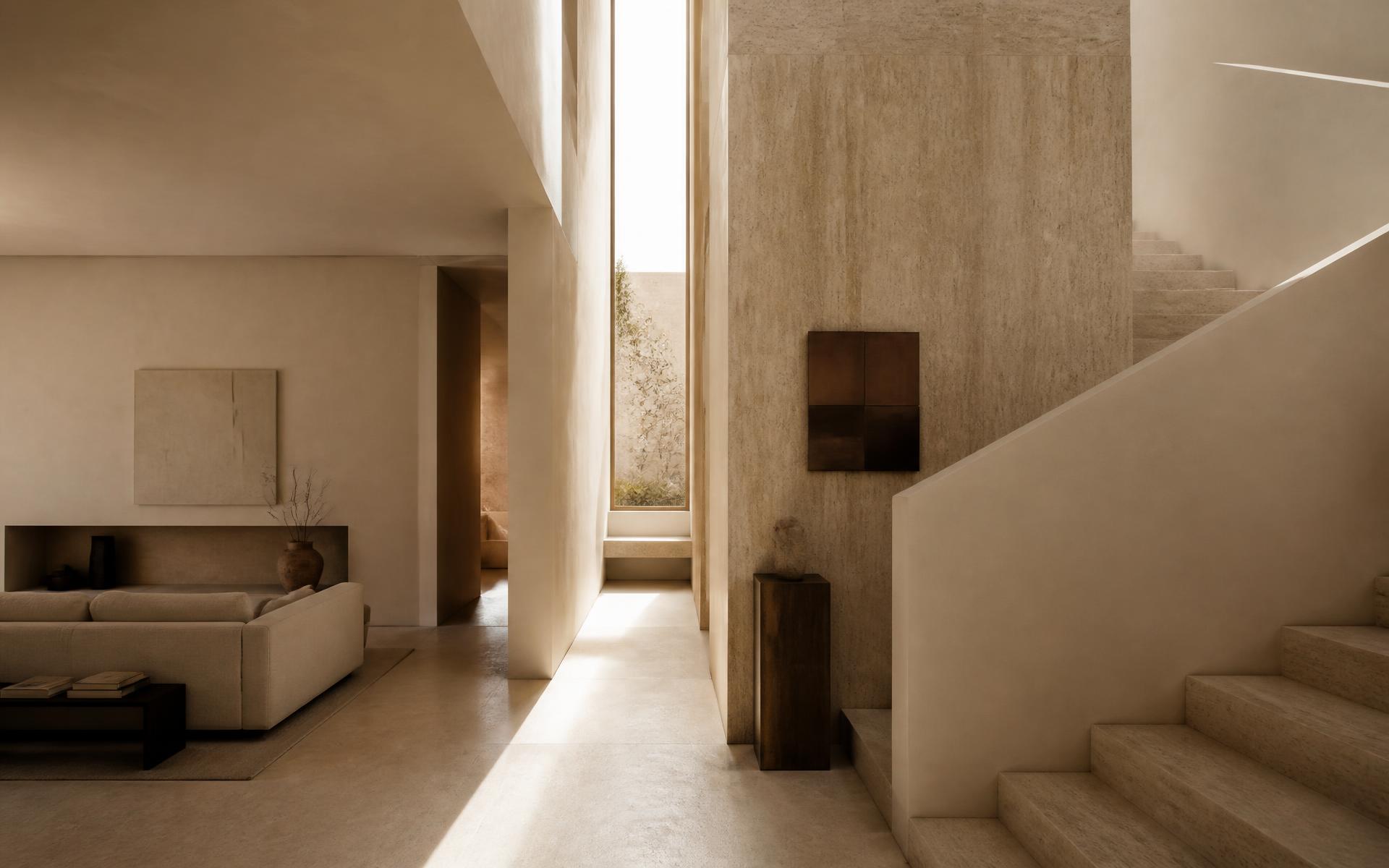 Warm minimal interior with travertine wall, slot window and sculptural stair